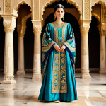 A regal figure, fully clothed in a lavish, hand-embroidered Syrian kaftan made of rich brocade silk, adorned with intricate gold thread calligraphy and floral motifs. The kaftan showcases vibrant jewel tones and perfect draping. The subject is standing gracefully within the grand courtyard of an ancient Syrian palace, bathed in soft, warm historical light. The background features ornate stone carvings and historical arches. perfect anatomy, correct proportions, natural pose, well-formed hands, proper finger count, natural body proportions, professional photography, high quality, safe for work, appropriate content, fully clothed, modest, family-friendly.