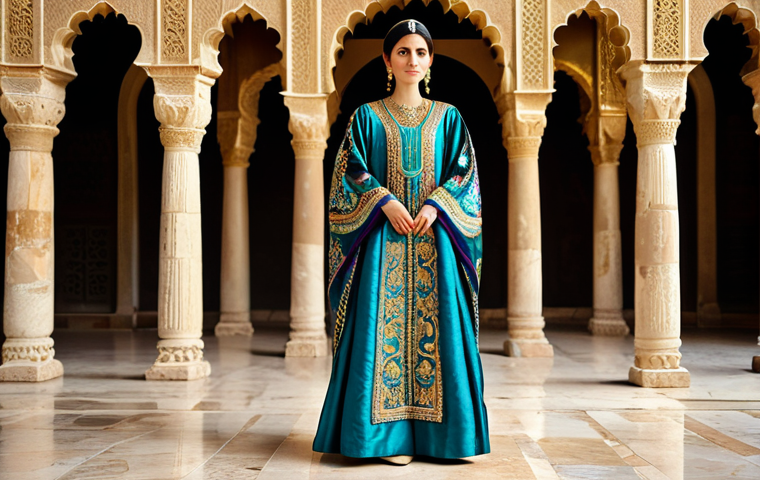 A regal figure, fully clothed in a lavish, hand-embroidered Syrian kaftan made of rich brocade silk, adorned with intricate gold thread calligraphy and floral motifs. The kaftan showcases vibrant jewel tones and perfect draping. The subject is standing gracefully within the grand courtyard of an ancient Syrian palace, bathed in soft, warm historical light. The background features ornate stone carvings and historical arches. perfect anatomy, correct proportions, natural pose, well-formed hands, proper finger count, natural body proportions, professional photography, high quality, safe for work, appropriate content, fully clothed, modest, family-friendly.