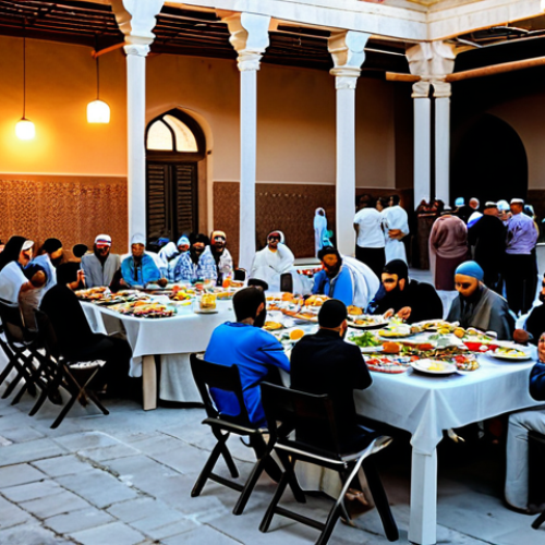 A diverse group of people, including families and neighbors, gathered around a large, beautifully set Iftar table in the courtyard of an ancient mosque during Ramadan. The setting sun casts a warm, golden glow on the traditional architecture. The table is laden with an abundance of traditional Syrian dishes, drinks, and sweets. People are engaged in quiet conversation and joyous anticipation, some preparing to break their fast, others already enjoying the communal meal. Lanterns and decorative lights softly illuminate the scene. All individuals are fully clothed in modest, traditional attire, appropriate for the occasion. The atmosphere is peaceful and spiritual, emphasizing community and sharing. Perfect anatomy, correct proportions, natural pose, well-formed hands, proper finger count, natural body proportions, professional photography, high quality, safe for work, appropriate content, family-friendly.