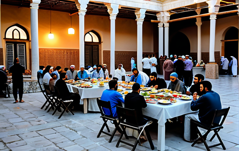 A diverse group of people, including families and neighbors, gathered around a large, beautifully set Iftar table in the courtyard of an ancient mosque during Ramadan. The setting sun casts a warm, golden glow on the traditional architecture. The table is laden with an abundance of traditional Syrian dishes, drinks, and sweets. People are engaged in quiet conversation and joyous anticipation, some preparing to break their fast, others already enjoying the communal meal. Lanterns and decorative lights softly illuminate the scene. All individuals are fully clothed in modest, traditional attire, appropriate for the occasion. The atmosphere is peaceful and spiritual, emphasizing community and sharing. Perfect anatomy, correct proportions, natural pose, well-formed hands, proper finger count, natural body proportions, professional photography, high quality, safe for work, appropriate content, family-friendly.