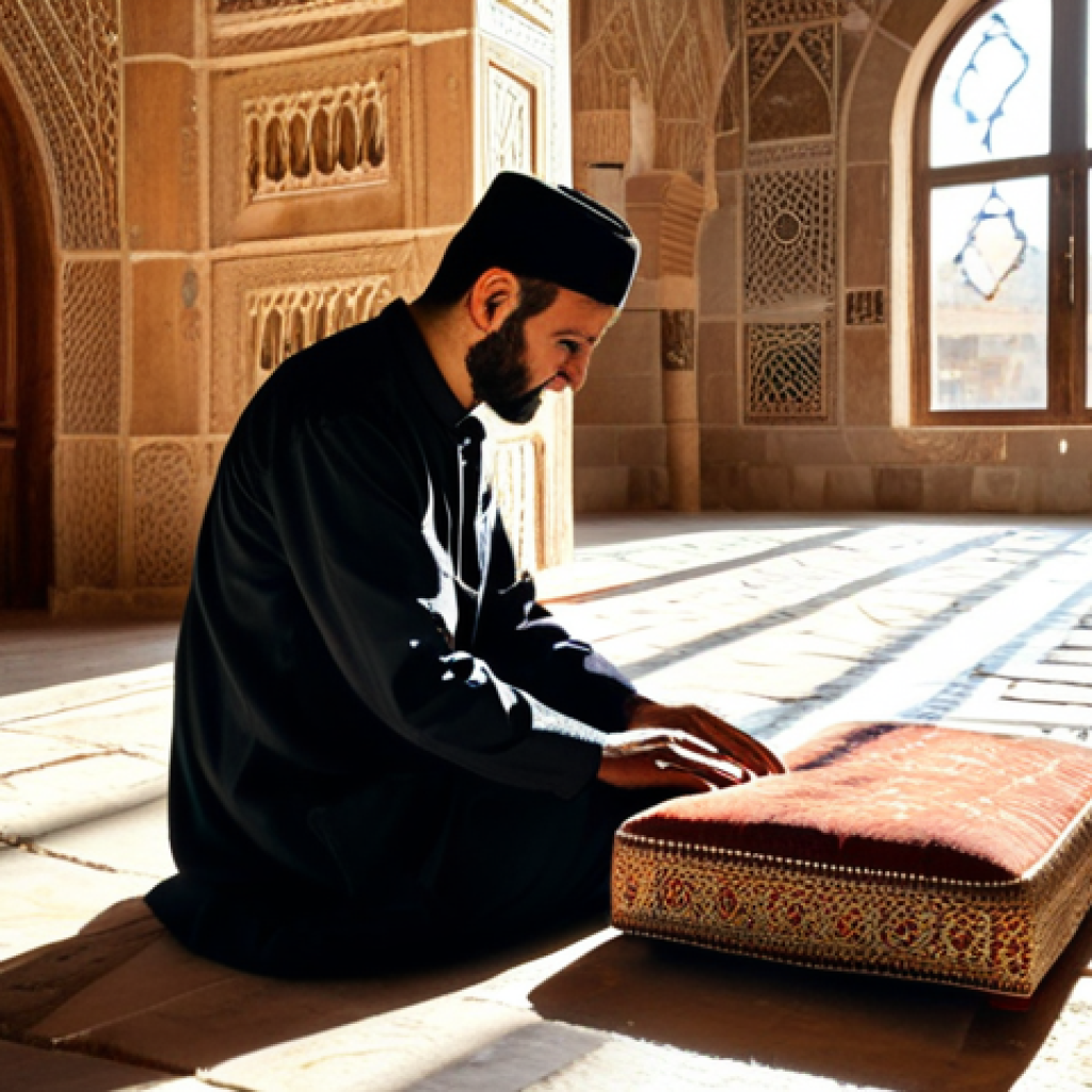 A professional male Syrian master musician, fully clothed in modest, traditional attire, is intently playing a wooden Ud. He is seated on a low cushion in an ancient stone music room in Aleppo, where sunlight streams through an intricately carved arched window, illuminating subtle Islamic geometric patterns on the walls. The scene is captured with professional photography, showcasing perfect anatomy, correct proportions, a natural pose, well-formed hands, and natural body proportions. The image is safe for work, appropriate content, and depicts a professional, family-friendly setting.