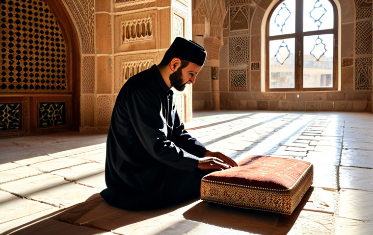 A professional male Syrian master musician, fully clothed in modest, traditional attire, is intently playing a wooden Ud. He is seated on a low cushion in an ancient stone music room in Aleppo, where sunlight streams through an intricately carved arched window, illuminating subtle Islamic geometric patterns on the walls. The scene is captured with professional photography, showcasing perfect anatomy, correct proportions, a natural pose, well-formed hands, and natural body proportions. The image is safe for work, appropriate content, and depicts a professional, family-friendly setting.