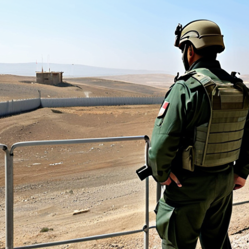 A vigilant, professional Turkish border patrol officer in a modern, clean, fully-equipped military uniform, including a tactical vest and helmet. The officer stands watch at a well-maintained border fence during daylight, with a clear view of a vast, open, arid landscape stretching into the distance. A professional watchtower is visible in the background, symbolizing regional security and defense. The image conveys a sense of calm readiness and resolve.
    *   **Quality Modifiers**: Professional photography, high detail, realistic, sharp focus, natural lighting.
    *   **Safety & Anatomy**: Safe for work, appropriate content, fully clothed, modest clothing, appropriate attire, professional dress, perfect anatomy, correct proportions, natural pose, well-formed hands, proper finger count, natural body proportions, family-friendly.